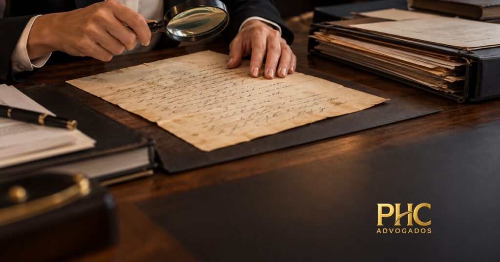 Pessoa examina com lupa um documento manuscrito sobre a mesa, com a marca PHC Advogados.