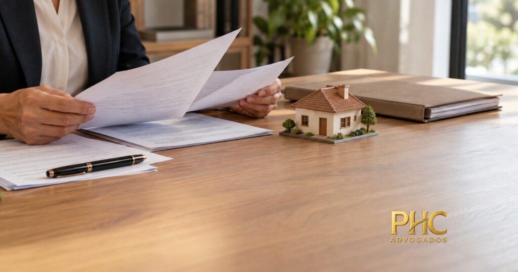 Pessoa examina documentos ao lado de uma miniatura de casa sobre a mesa, com a marca PHC Advogados.