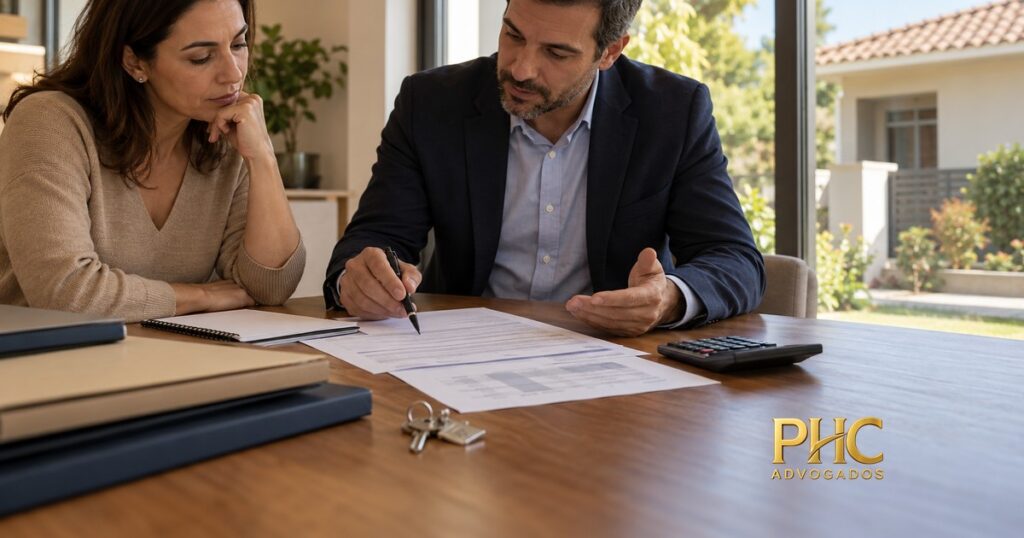Duas pessoas analisam documentos e despesas em uma mesa com chaves e calculadora, com a marca PHC Advogados.