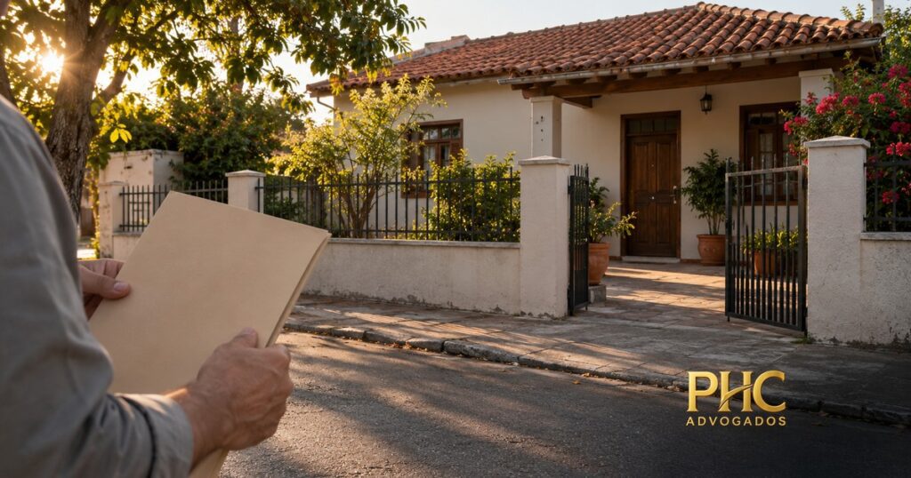 Pessoa segura uma pasta diante de uma casa com jardim e portão, com a marca PHC Advogados.