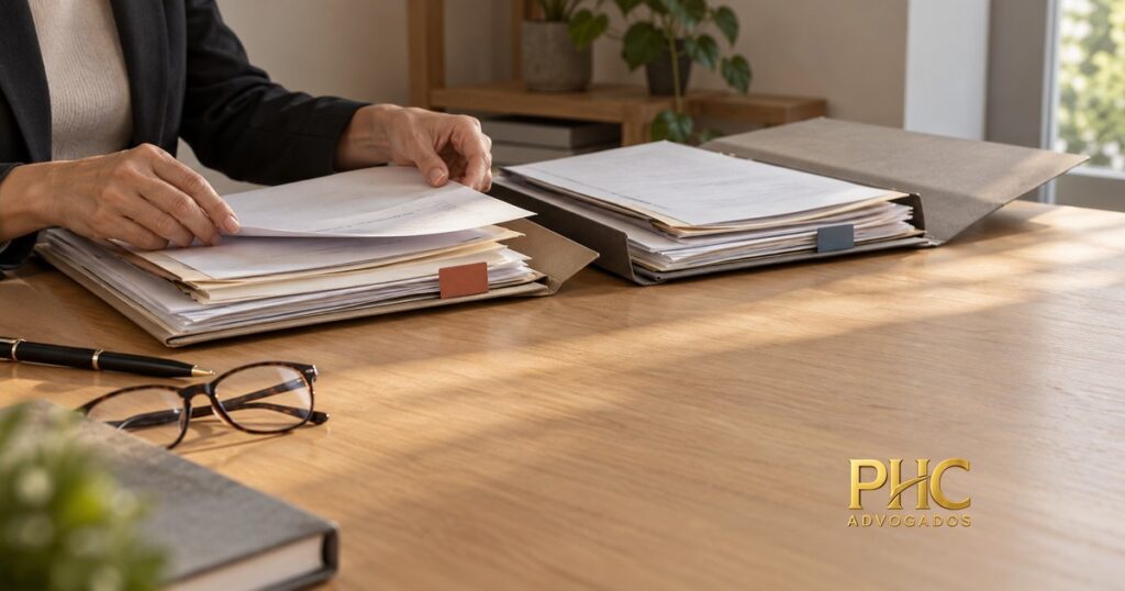 Pessoa organiza documentos em duas pastas sobre uma mesa, com a marca PHC Advogados.