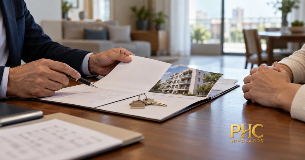 Duas pessoas analisam uma pasta com documentos, fotografia de imóvel e chaves, com a marca PHC Advogados.