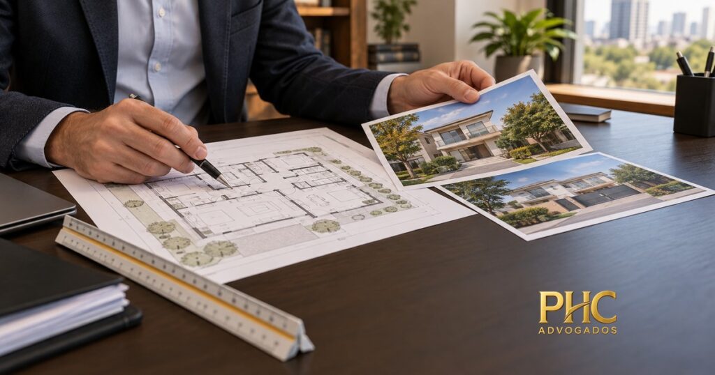 Pessoa compara fotografias de imóveis com uma planta sobre a mesa, com a marca PHC Advogados.
