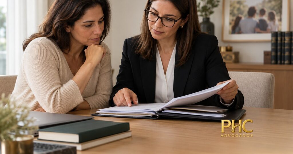 Duas mulheres examinam documentos de família em uma pasta, com a marca PHC Advogados.