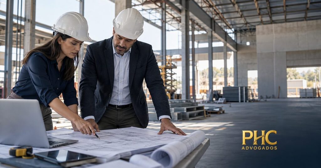 Duas pessoas de capacete conferem plantas em uma obra comercial, com a marca PHC Advogados.