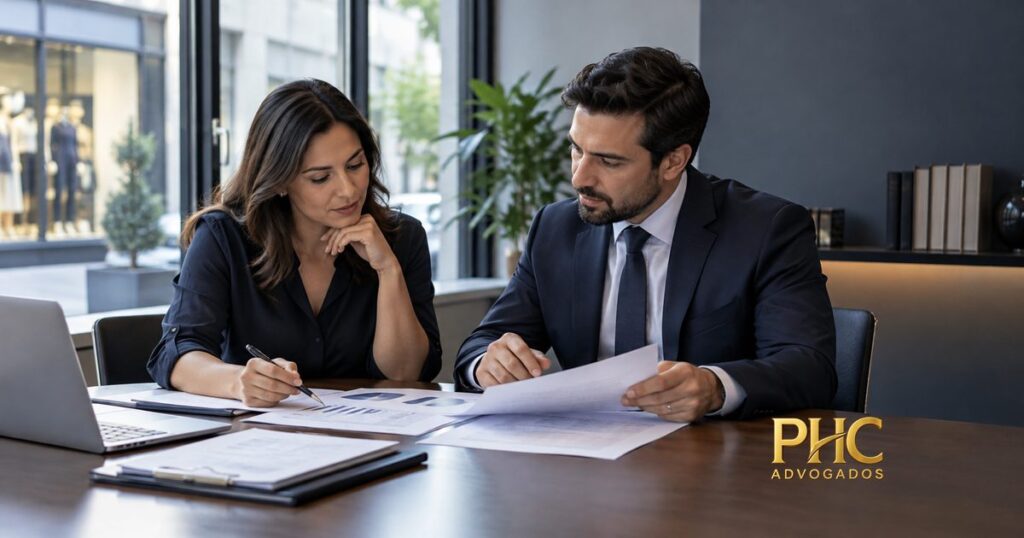 Duas pessoas analisam documentos e propostas em uma mesa de escritório, com a marca PHC Advogados.