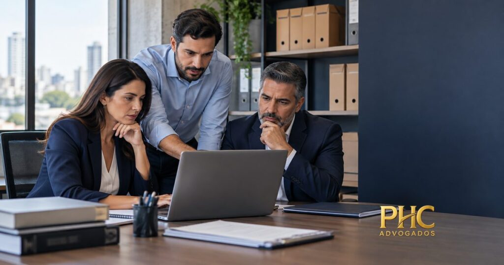 Três pessoas conferem informações em um notebook durante reunião de transição empresarial, com a marca PHC Advogados.