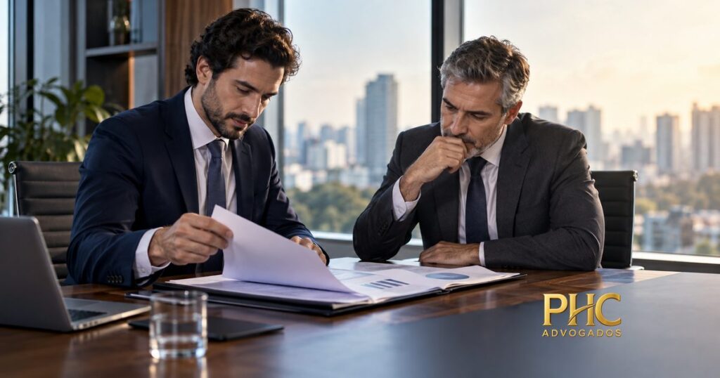 Duas pessoas revisam documentos contratuais em uma mesa de escritório, com a marca PHC Advogados.