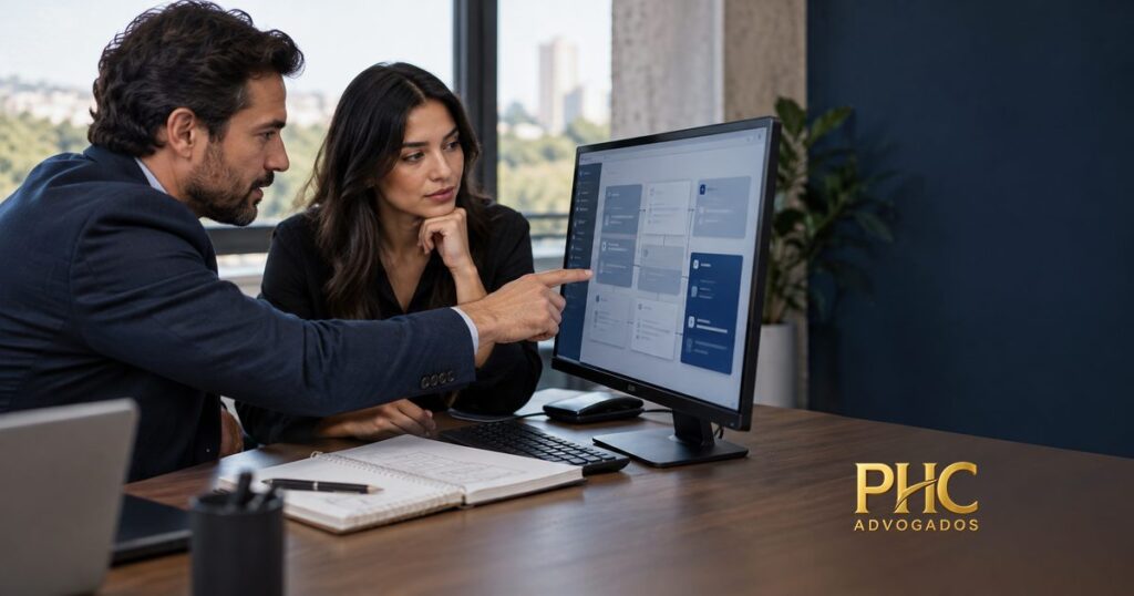 Duas pessoas analisam um projeto de software exibido em um monitor, com a marca PHC Advogados.
