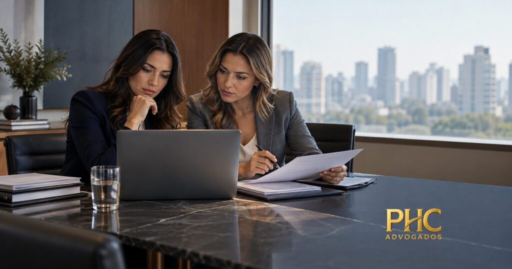 Duas pessoas comparam informações em um notebook e em documentos impressos, com a marca PHC Advogados.