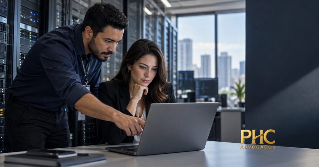 Duas pessoas trabalham em um notebook próximo a equipamentos de TI, com a marca PHC Advogados.
