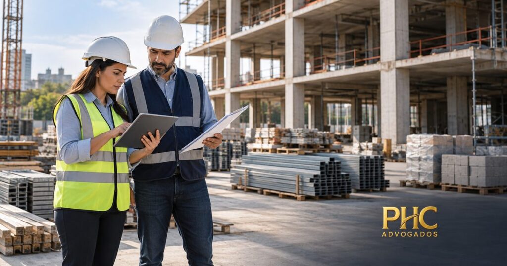 Duas pessoas de capacete conferem documentos e um tablet em um canteiro de obras, com a marca PHC Advogados.