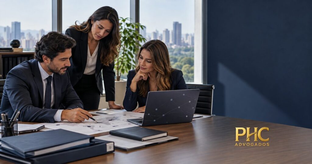 Três pessoas analisam documentos e informações em um notebook, com a marca PHC Advogados.