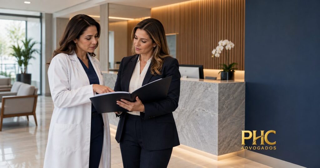 Duas pessoas revisam documentos na recepção de uma clínica, com a marca PHC Advogados.