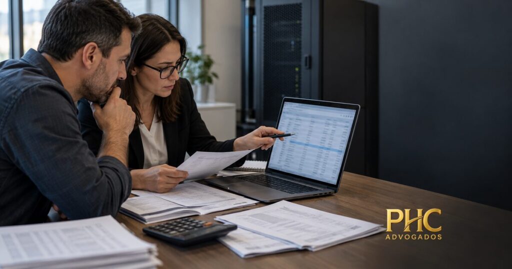 Profissionais conferem inventário de software e documentos contratuais em escritório.