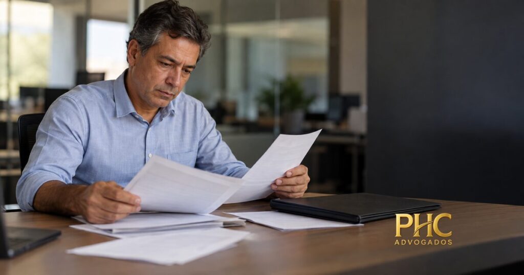 Profissional examinando documentos antes de decidir sobre desligamento.
