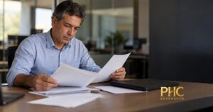 Profissional examinando documentos antes de decidir sobre desligamento.