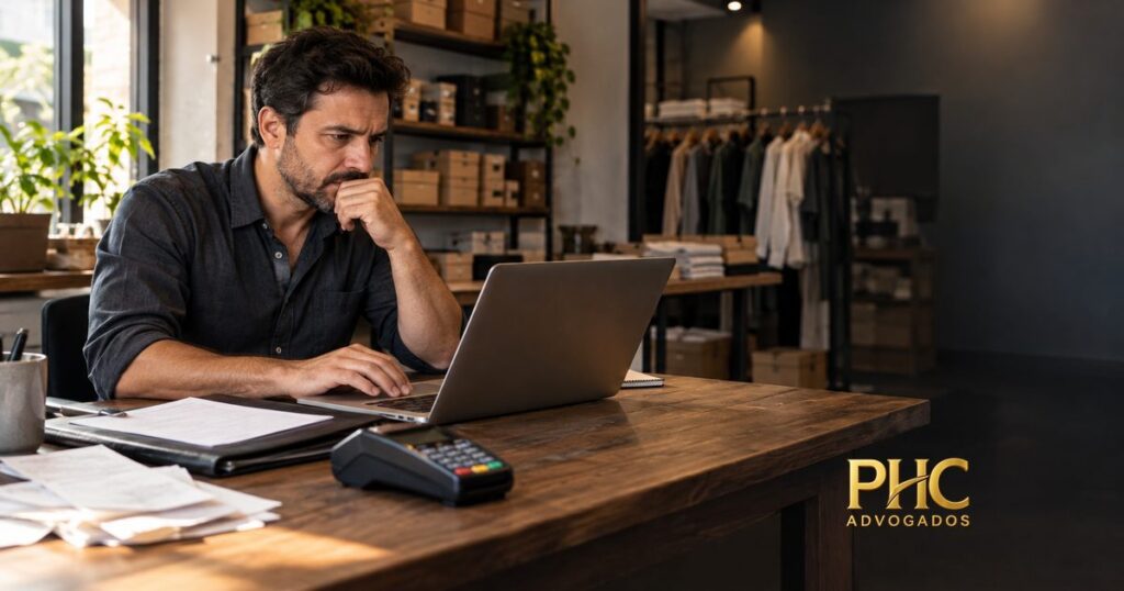 Comerciante analisa documentos e notebook ao lado de uma máquina de cartão.