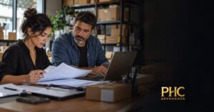 Representantes de uma empresa conferem extratos e documentos de transações de cartão.
