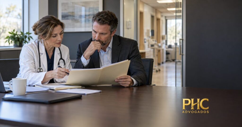 Médica e representante empresarial analisam uma pasta de documentos em clínica.