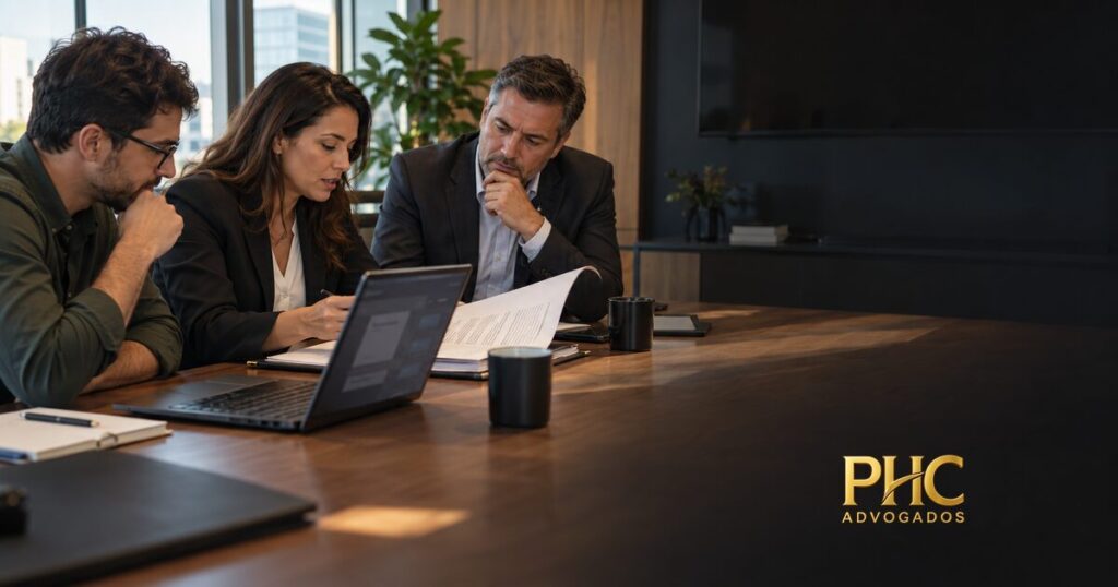 Equipe empresarial examina documentos contratuais e integração de sistemas de inteligência artificial.