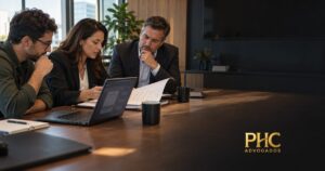 Equipe empresarial examina documentos contratuais e integração de sistemas de inteligência artificial.