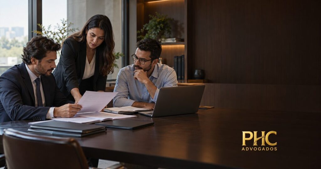 Equipe jurídica e empresarial organiza documentos para responder a uma diligência da ANPD.