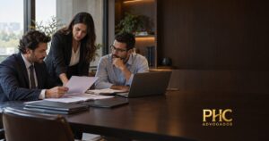 Equipe jurídica e empresarial organiza documentos para responder a uma diligência da ANPD.