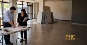 Representantes conferem plantas e documentos em imóvel comercial em desmobilização, com marca PHC original.