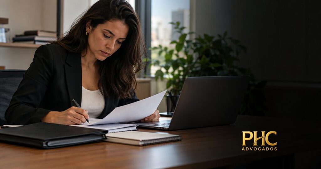Profissional organizando documentos de registro de incidente em mesa de trabalho.