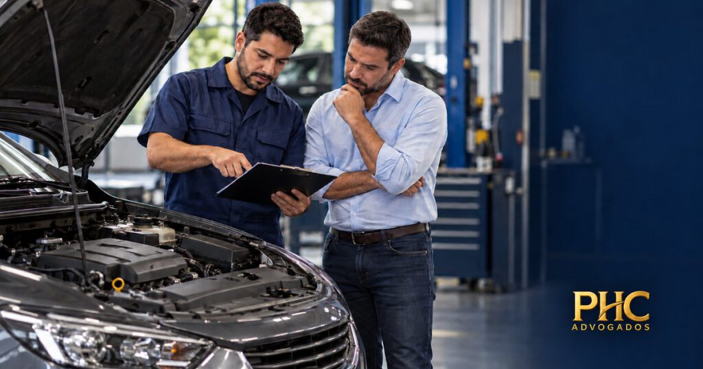Técnico e proprietário observam um relatório ao lado de um carro com o capô aberto em uma oficina.
