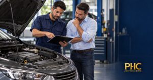 Técnico e proprietário observam um relatório ao lado de um carro com o capô aberto em uma oficina.