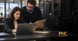 Equipe analisa documentos e notebook em ambiente de servidores.