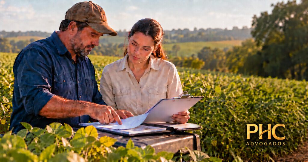 Produtor rural e agrônoma conferem documentos na borda de uma lavoura.