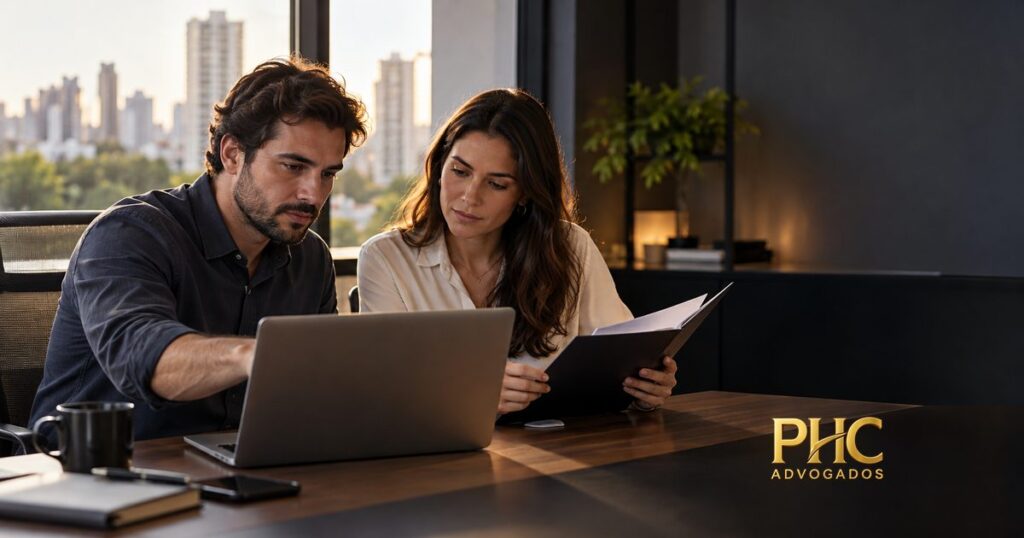 Profissionais analisam documentos e um notebook em reunião sobre contratos de software.