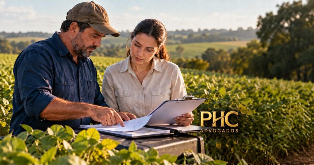 Produtor rural e agrônoma conferem documentos na borda de uma lavoura.