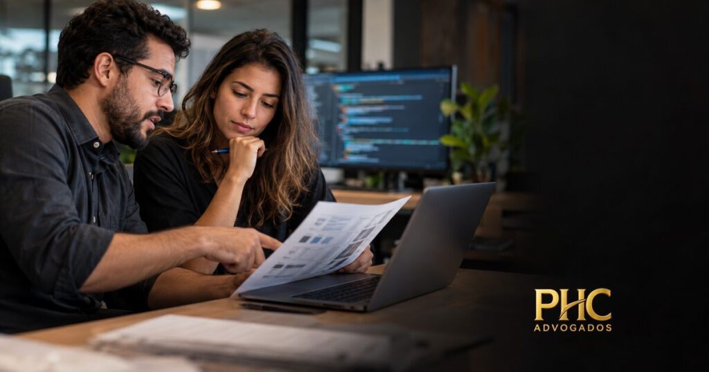 Profissionais de software comparando documentação em escritório.
